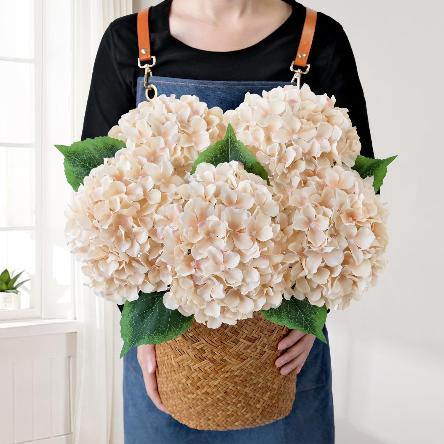 Green Hydrangea Artificial Flowers, 5Pcs 20Inch Large Lifelike Faux Silk Flowers, Full Artificial Hydrangeas for Bouquet Table Centerpieces Indoor Spring Outdoor Home