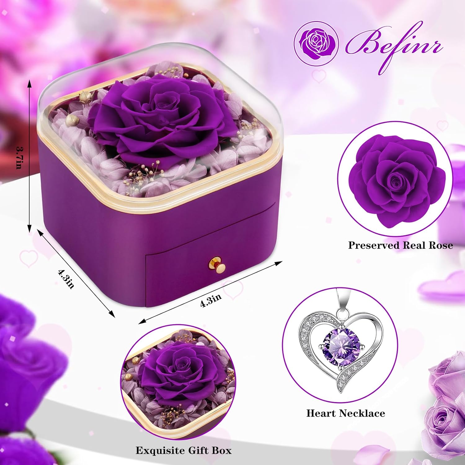 Beferr Gifts for Mom Preserved Real Rose with Necklace Eternal Roses Fresh Flowers for Delivery Prime Birthday Anniversary Purple Gifts for Women Mothers Grandma Wife Daughter Girlfriend Sister