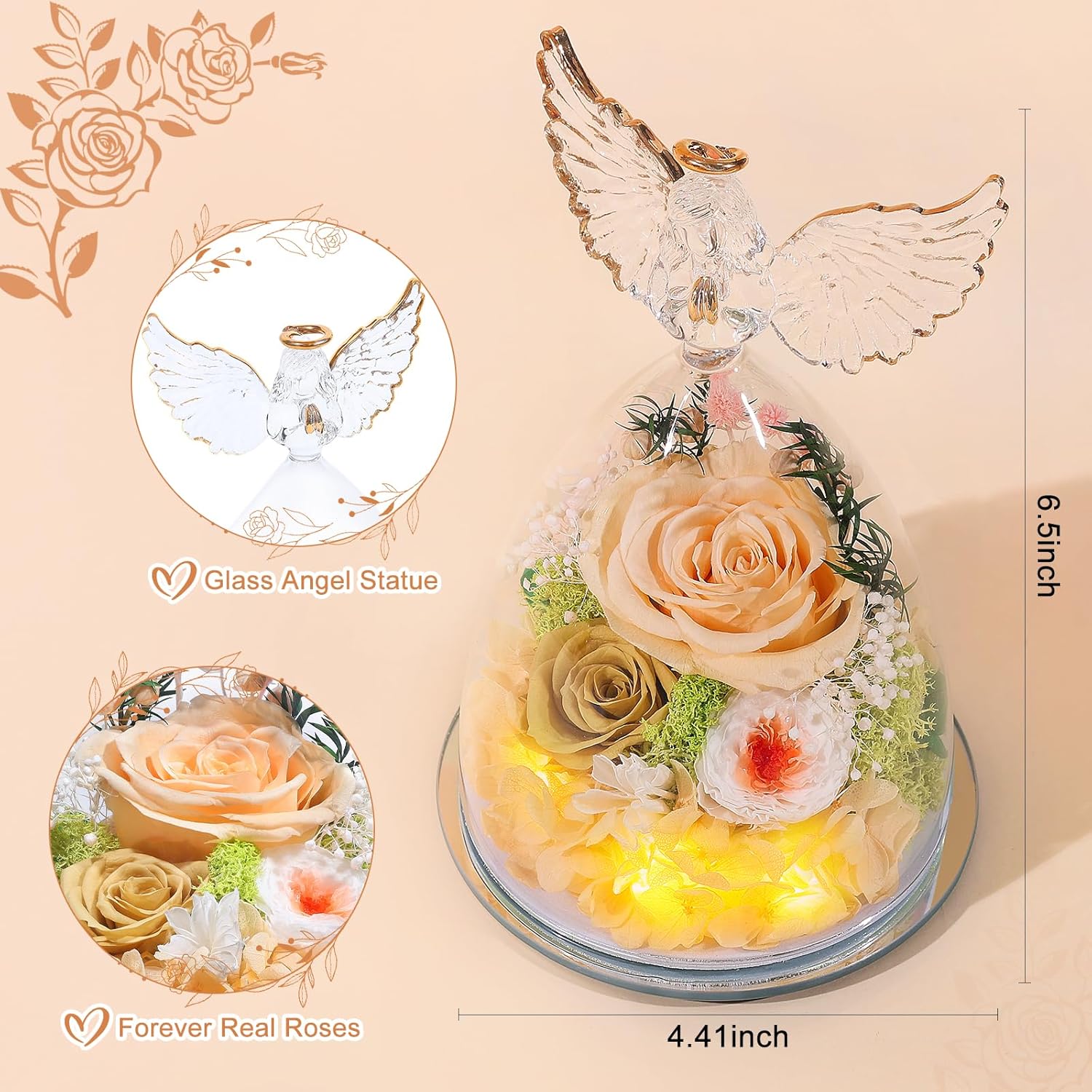 FIACO Gifts for Mom Women Birthday Preserved Rose in Glass Angel Figurine Forever Fresh Flower for Delivery, Mothers Day Flowers Gifts for Her Grandma Wife Daughter