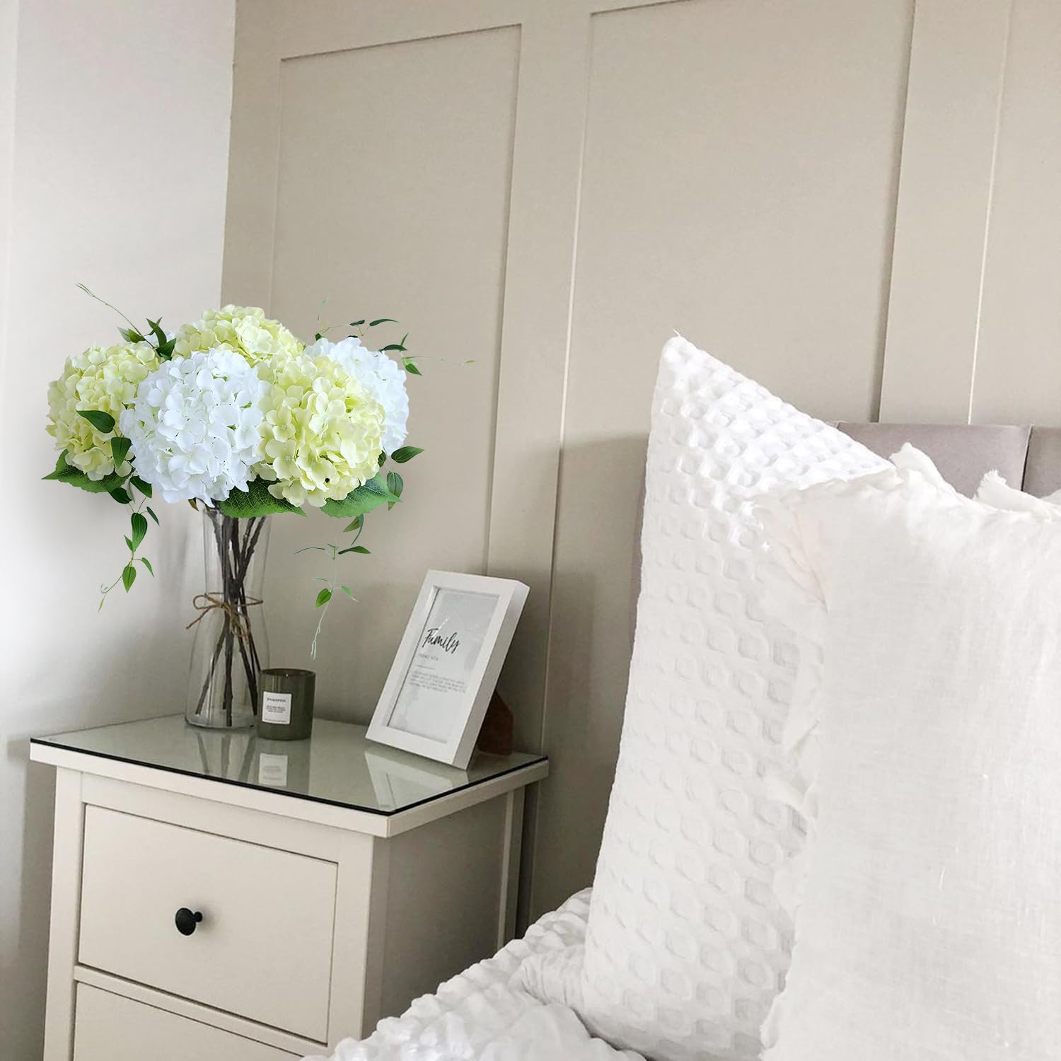 Green Hydrangea Artificial Flowers, 5Pcs 20Inch Large Lifelike Faux Silk Flowers, Full Artificial Hydrangeas for Bouquet Table Centerpieces Indoor Spring Outdoor Home