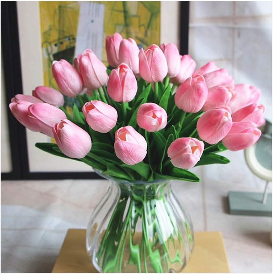 Artificial PU Tulips 10Pcs Real Touch Fake Flower Arrangement Bouquets for Home Office Wedding Decoration (Pink)