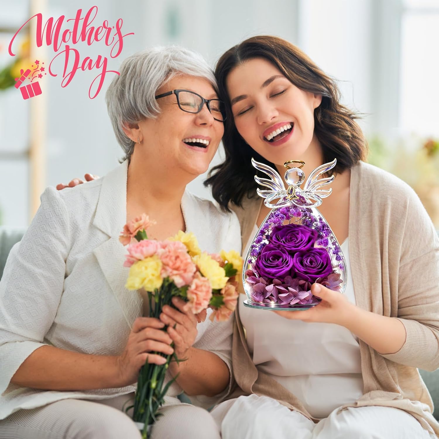 Beferr Gifts for Mom Birthday Gifts for Women, Fresh Flowers for Delivery Forever Preserved Rose in Glass Angel Figurine, Anniversary Mothers Day Real Rose for Grandma Wife Daughter Girlfriend