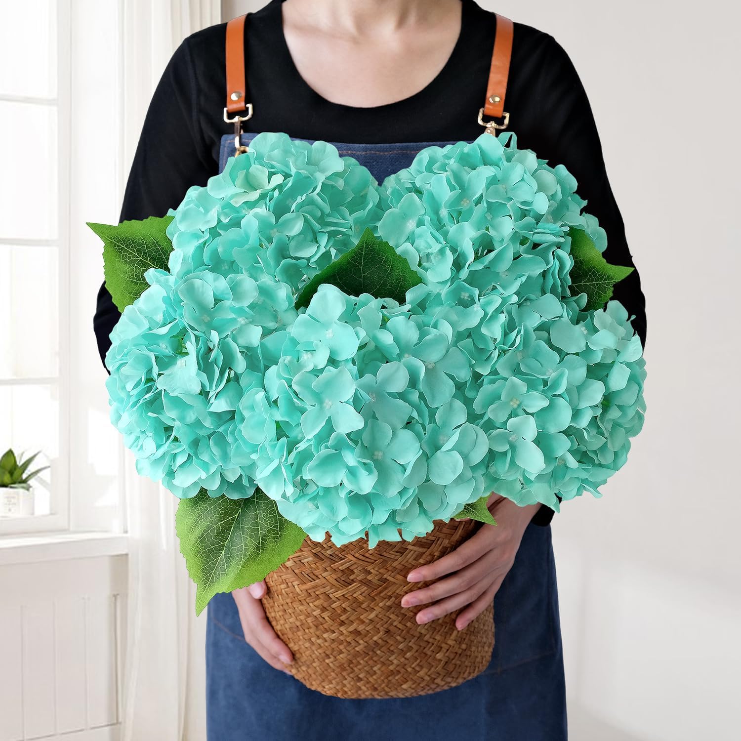 Green Hydrangea Artificial Flowers, 5Pcs 20Inch Large Lifelike Faux Silk Flowers, Full Artificial Hydrangeas for Bouquet Table Centerpieces Indoor Spring Outdoor Home