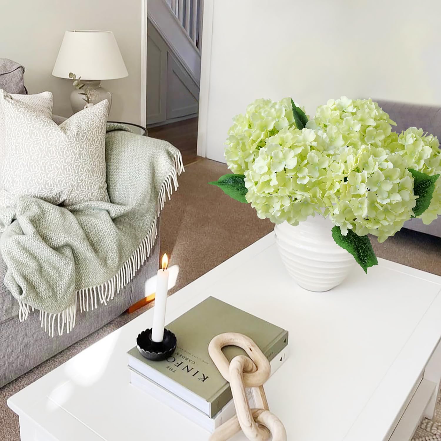 Green Hydrangea Artificial Flowers, 5Pcs 20Inch Large Lifelike Faux Silk Flowers, Full Artificial Hydrangeas for Bouquet Table Centerpieces Indoor Spring Outdoor Home