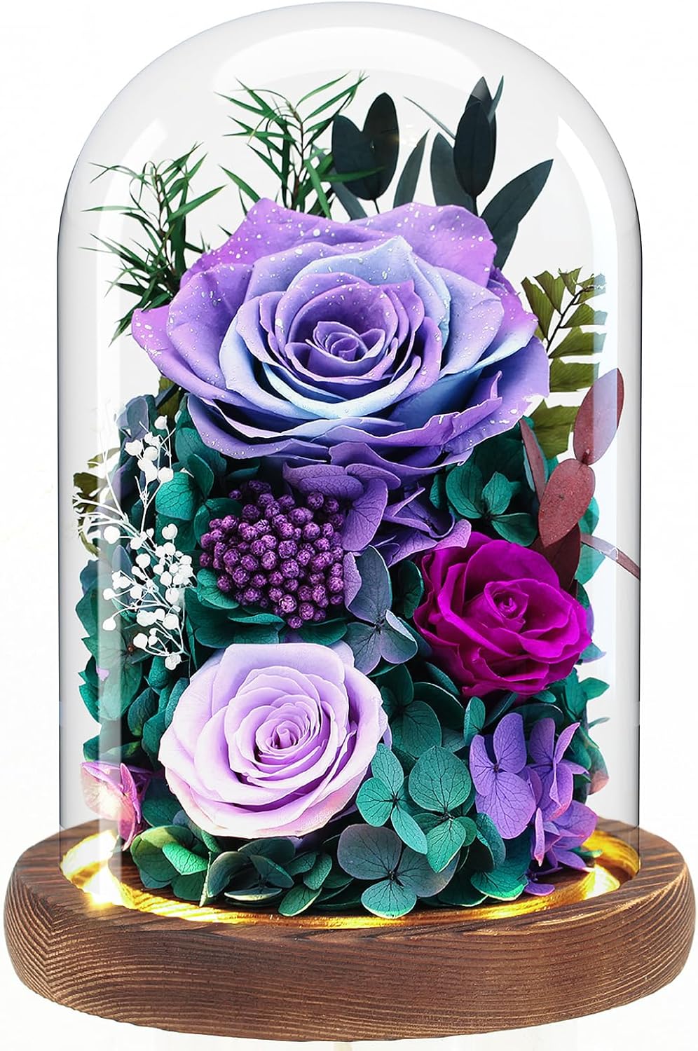 Valentine's Day Flower Gifts for Her - Forever Fresh Flowers Bouquet for Delivery, Preserved Purple Rose in Glass Dome with Light as Birthday Gifts for Women, Mom, Grandma, Friend, Wife, Girlfriend