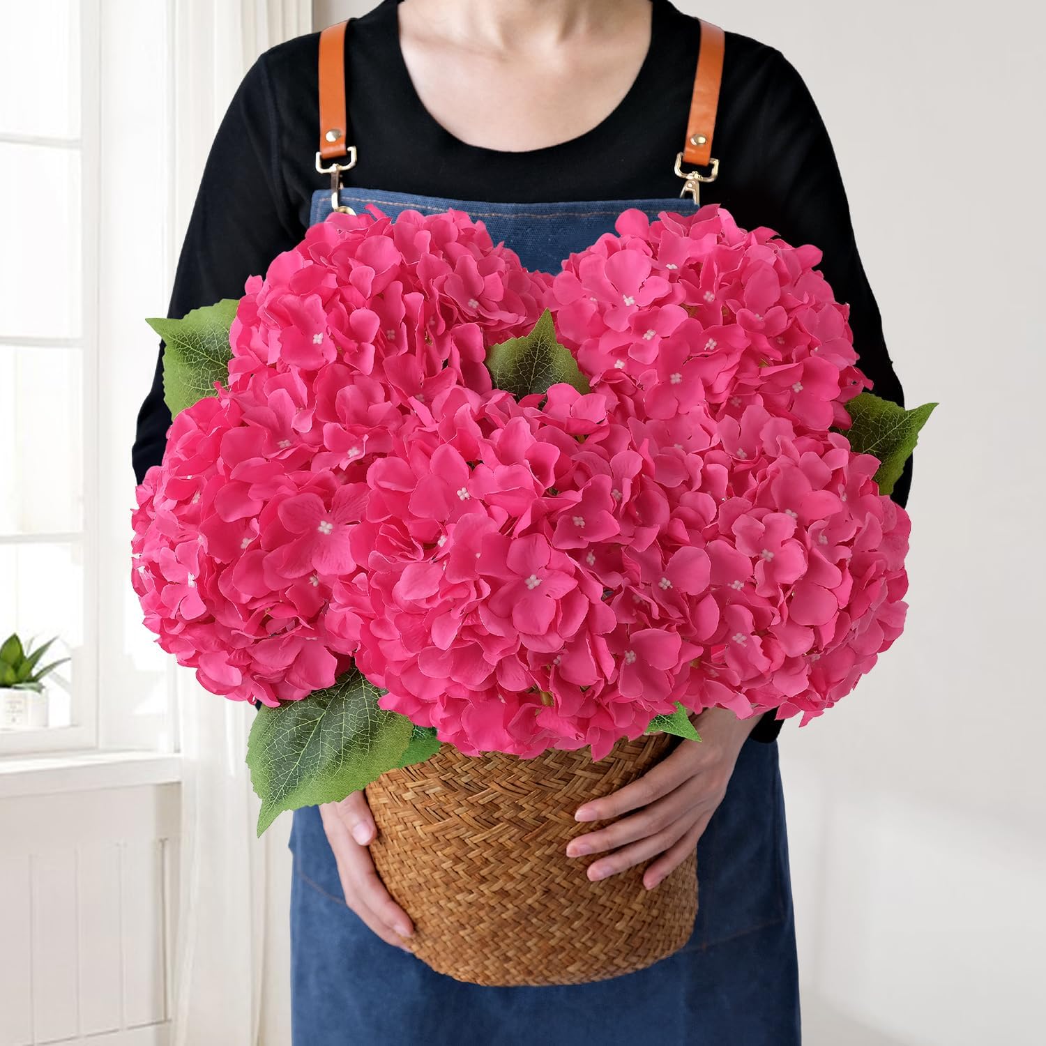 Green Hydrangea Artificial Flowers, 5Pcs 20Inch Large Lifelike Faux Silk Flowers, Full Artificial Hydrangeas for Bouquet Table Centerpieces Indoor Spring Outdoor Home