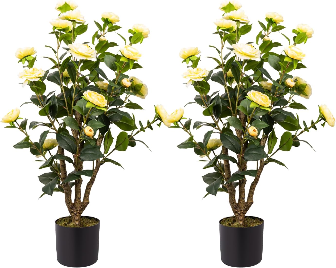 Artificial Camellia Tree, 3FT Yellow Fake Tree Blooming Camellia Flower Plant for Spring Home Front Door Outdoor Indoor Decoration