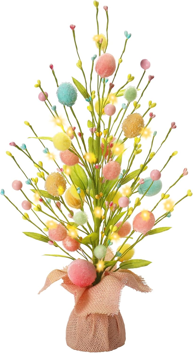 RoseCraft Easter Decorations, Artificial 18 Inch Pre-Lit Easter Egg Tree Tabletop Decor with Delicate Ornaments, for Home Party Wedding Holiday Spring Summer Decoration, Pink/Blue/Yellow.