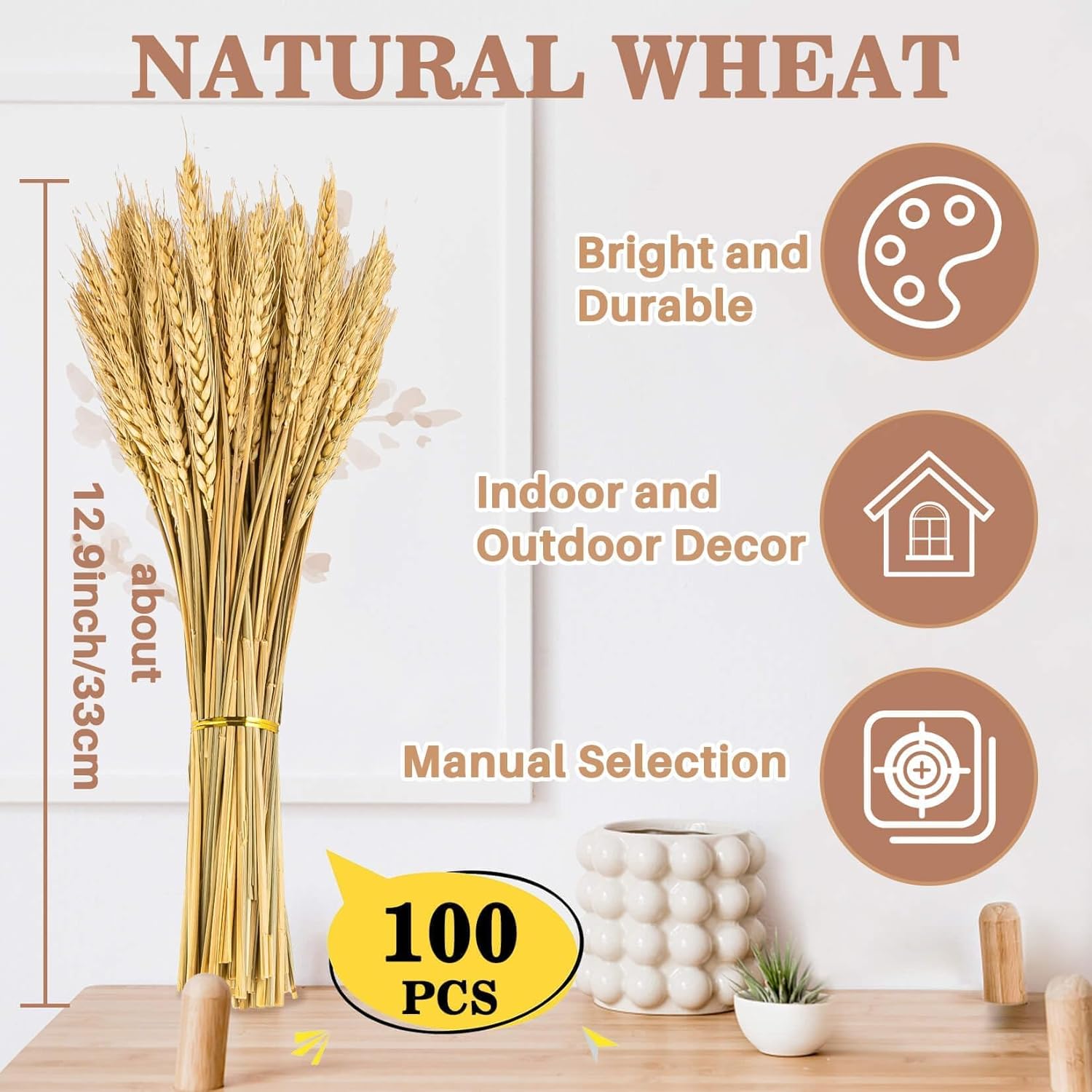 Sukh 100 Stems Dried Wheat Stalks for Decor - Sheaves Grass Natural Bunch Flowers Home Wedding Table Kitchen Boho Farmhouse Fall Arrangement DIY Decoration 12.9 Inches