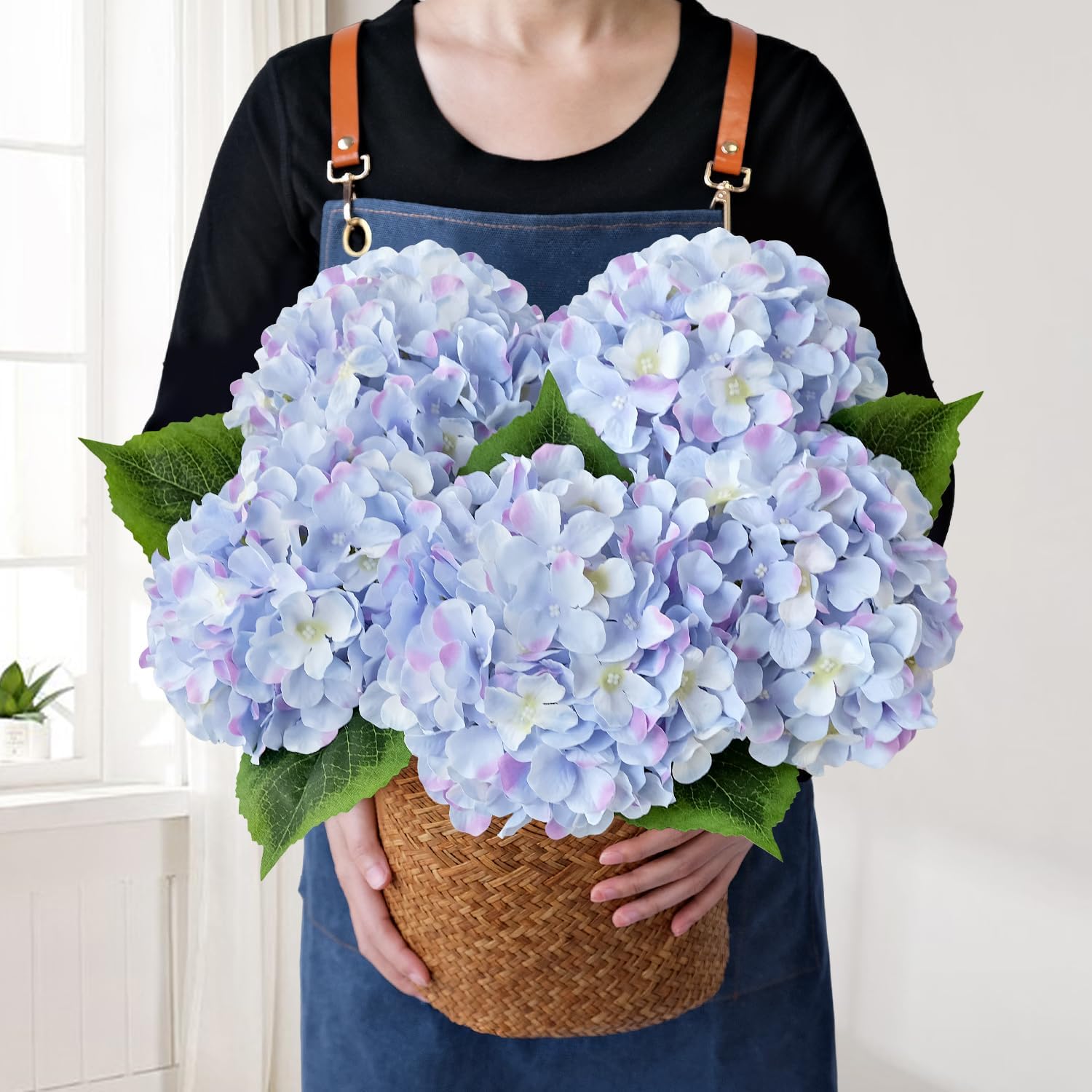 Green Hydrangea Artificial Flowers, 5Pcs 20Inch Large Lifelike Faux Silk Flowers, Full Artificial Hydrangeas for Bouquet Table Centerpieces Indoor Spring Outdoor Home