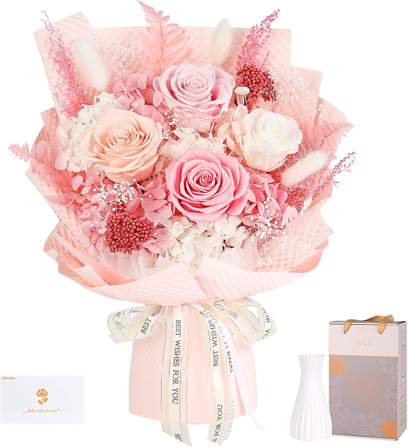 Preserved Flowers Bouquet 4 Roses - Pink Roses & Flowers for Delivery, Long-Lasting Real Roses Forever, Anniversary Birthday Valentine Gifts for Women Mom Grandma Her Wife Girlfriend