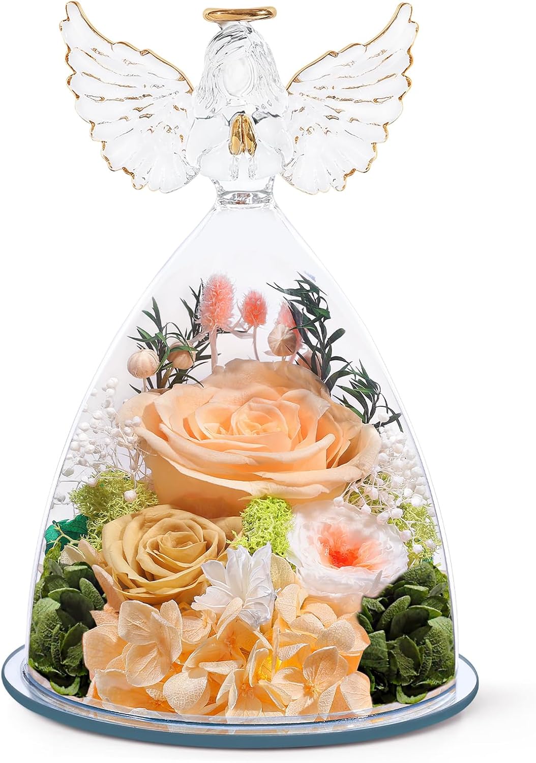 FIACO Gifts for Mom Women Birthday Preserved Rose in Glass Angel Figurine Forever Fresh Flower for Delivery, Mothers Day Flowers Gifts for Her Grandma Wife Daughter
