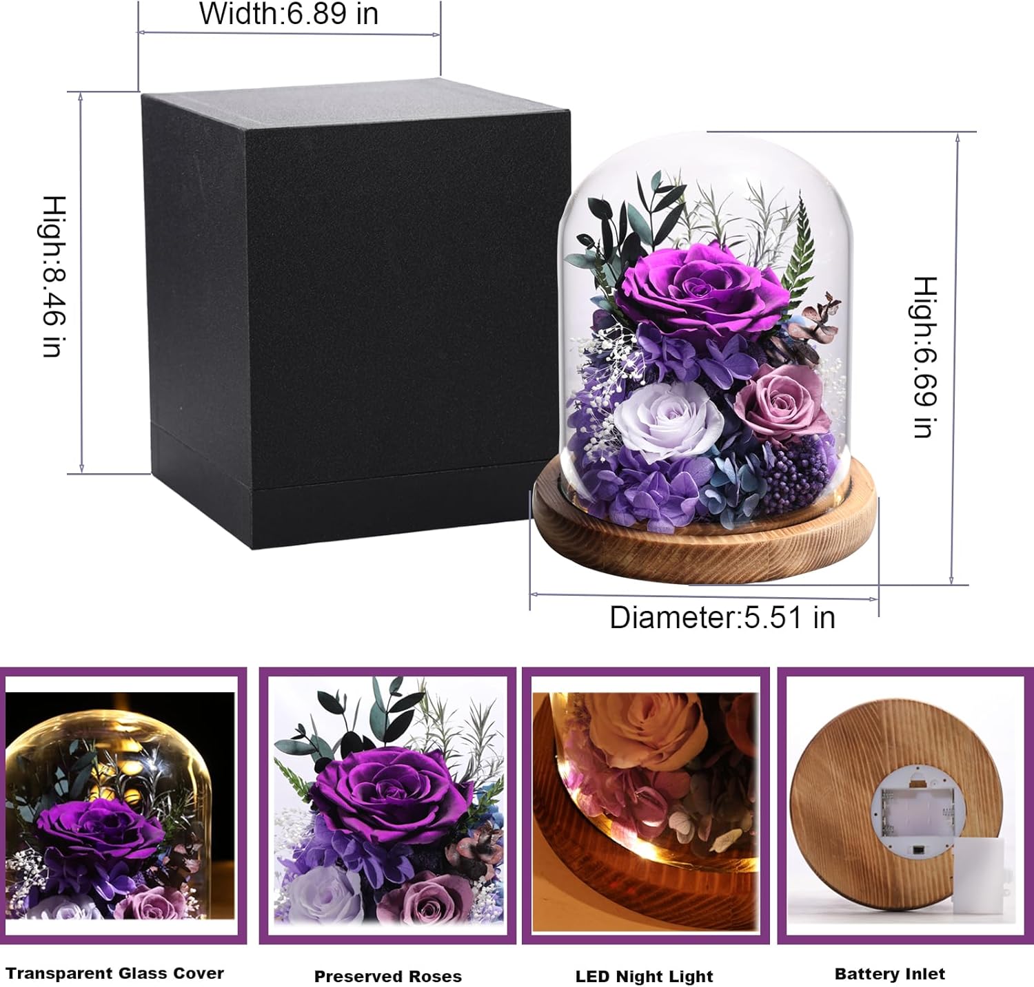 Flowers for Delivery Preserved Rose Gifts for Women,Long-Lasting Forever Flowers in Glass Dome, Birthday Gifts for Women Mom Friend(Purple Rose)