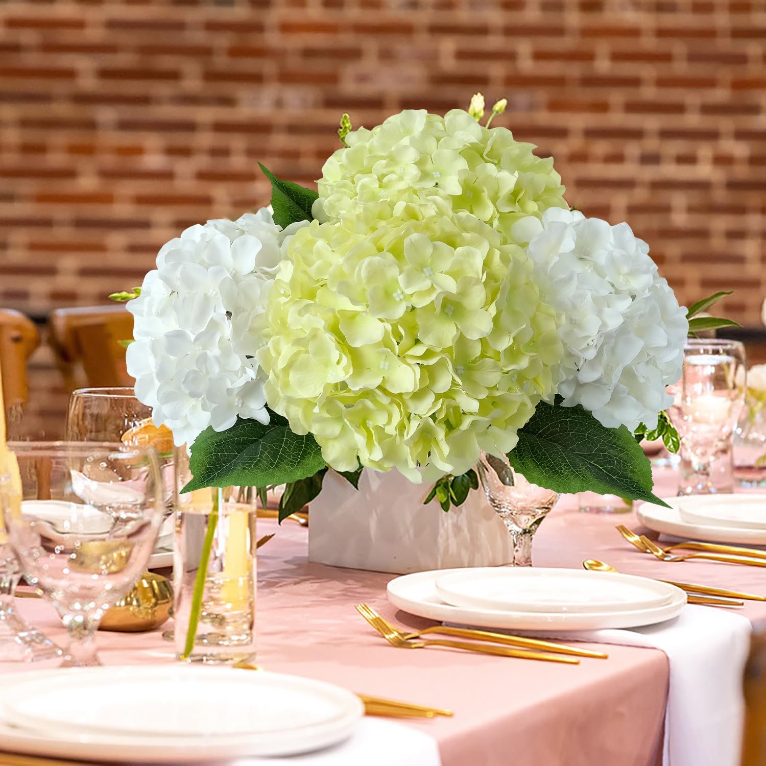 Green Hydrangea Artificial Flowers, 5Pcs 20Inch Large Lifelike Faux Silk Flowers, Full Artificial Hydrangeas for Bouquet Table Centerpieces Indoor Spring Outdoor Home