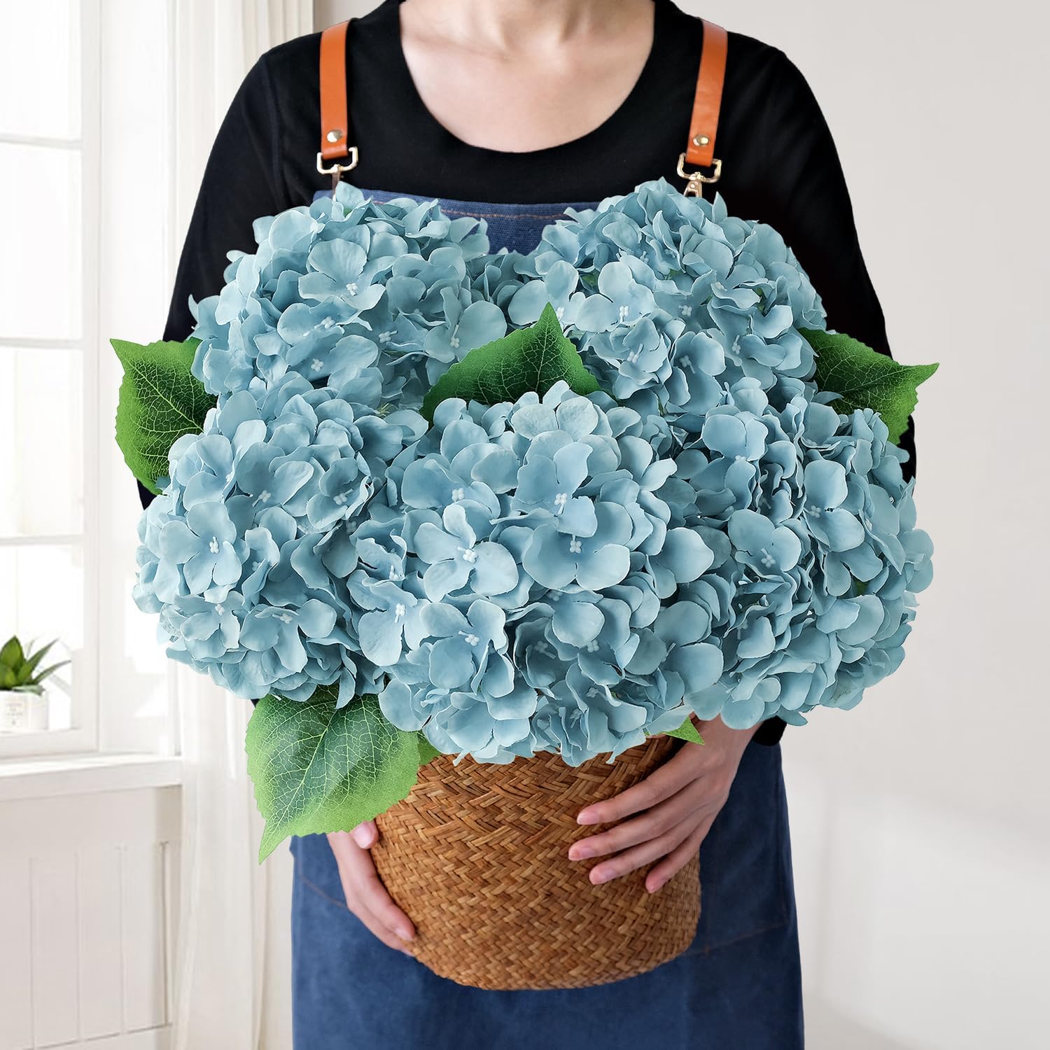 Green Hydrangea Artificial Flowers, 5Pcs 20Inch Large Lifelike Faux Silk Flowers, Full Artificial Hydrangeas for Bouquet Table Centerpieces Indoor Spring Outdoor Home
