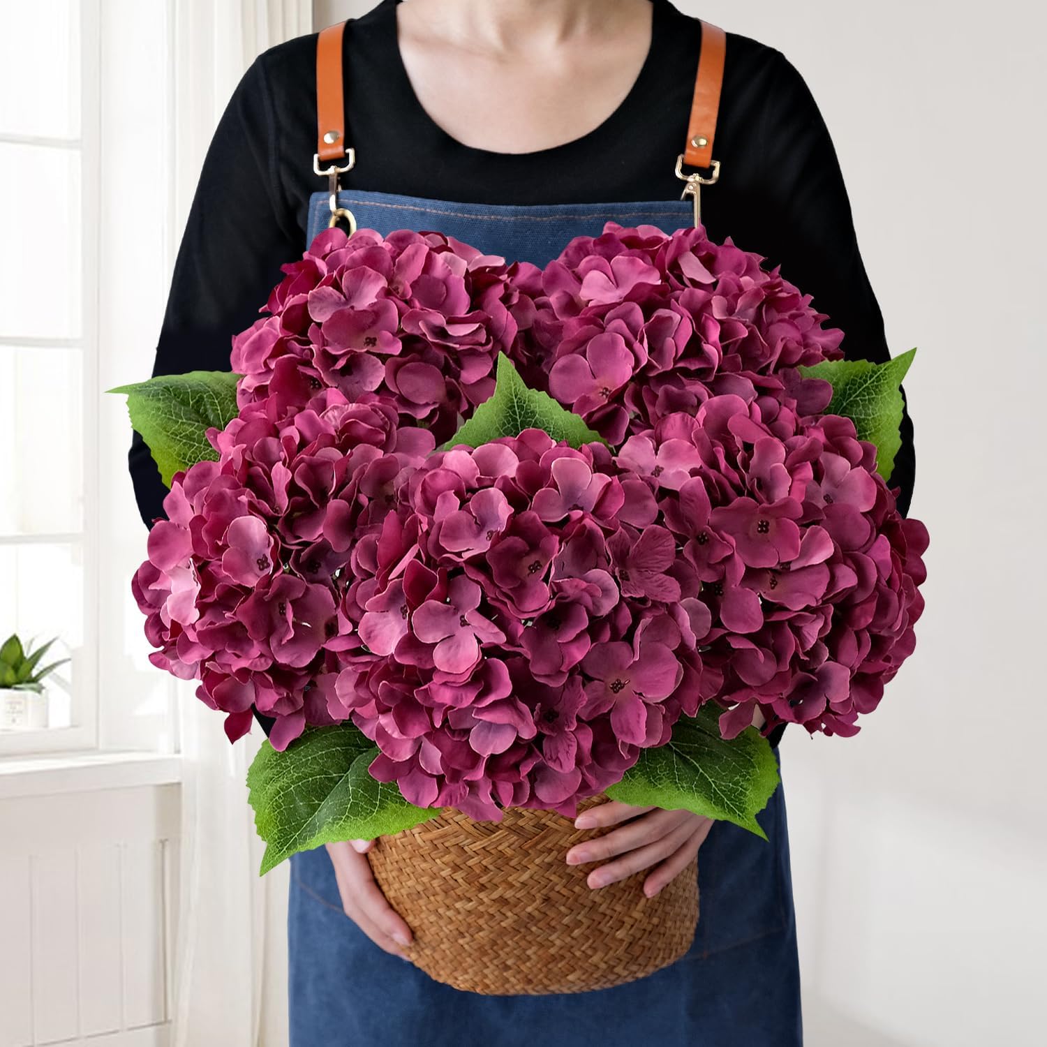 Green Hydrangea Artificial Flowers, 5Pcs 20Inch Large Lifelike Faux Silk Flowers, Full Artificial Hydrangeas for Bouquet Table Centerpieces Indoor Spring Outdoor Home