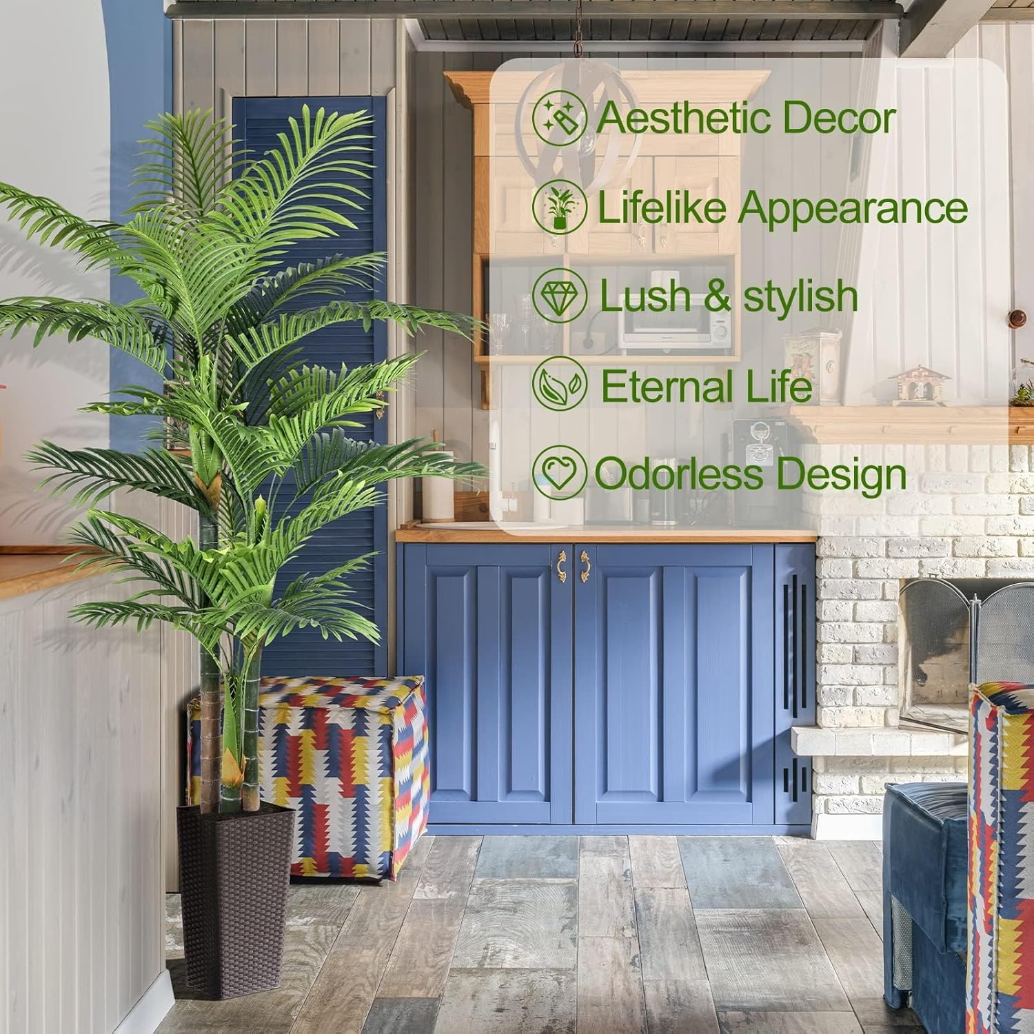 6ft Tall Triple Golden Cane Palm Artificial Tree Large Tropical Palm Tree UV Resistant Fake Plant in Pot for Indoor Outdoor Big House Living Room Outside Patio Office Home Decor 1Pack