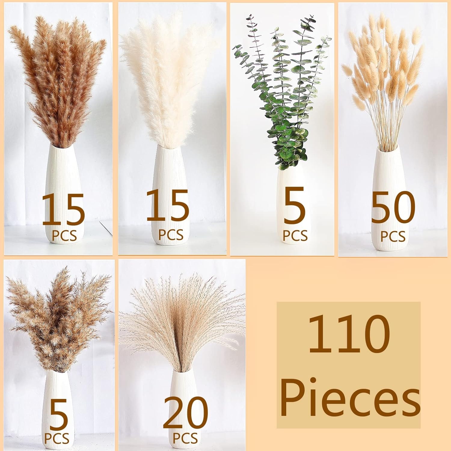 110 PCS of Boho Pampas Grass Decor, Naturally Dried Pompas, Bunny Tails Dried Flowers, and dried eucalyptus. Perfect for Weddings, Boho Party Decorations, and Table Decor.