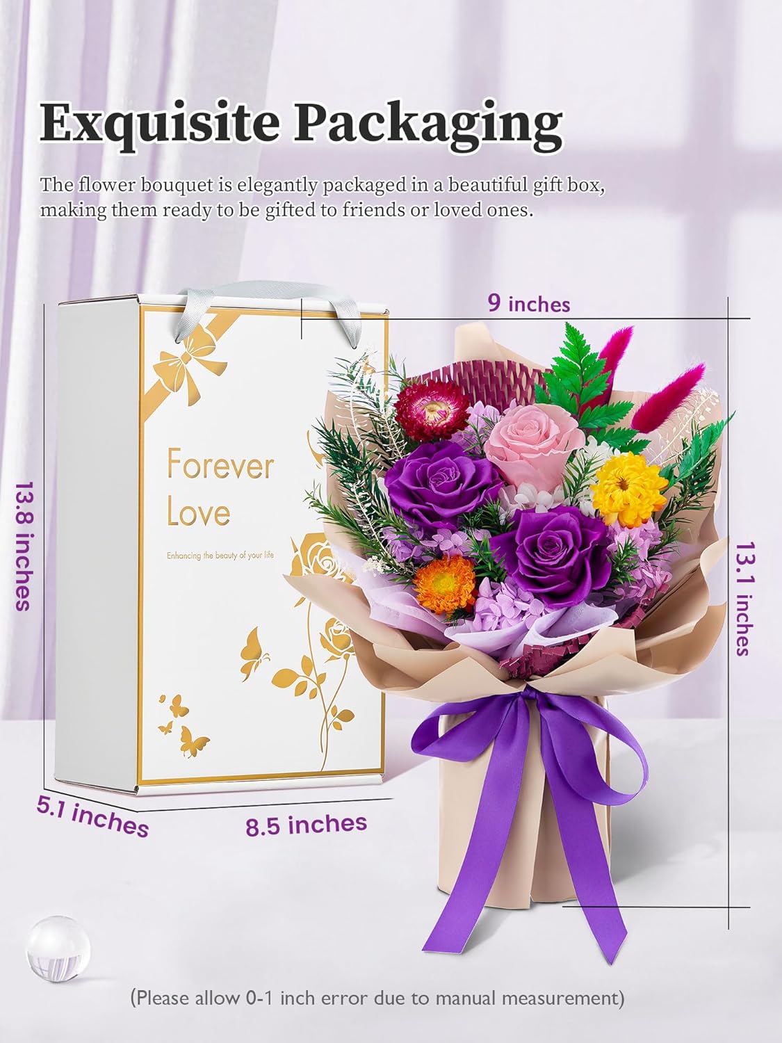 Forever Flowers Gifts for Her, Valentines Day Preserved Flowers Bouquet Birthday Gifts for Women, Preserved Roses for Mom Grandma Wife Anniversary Mother's Day Christmas (Purple Paper)