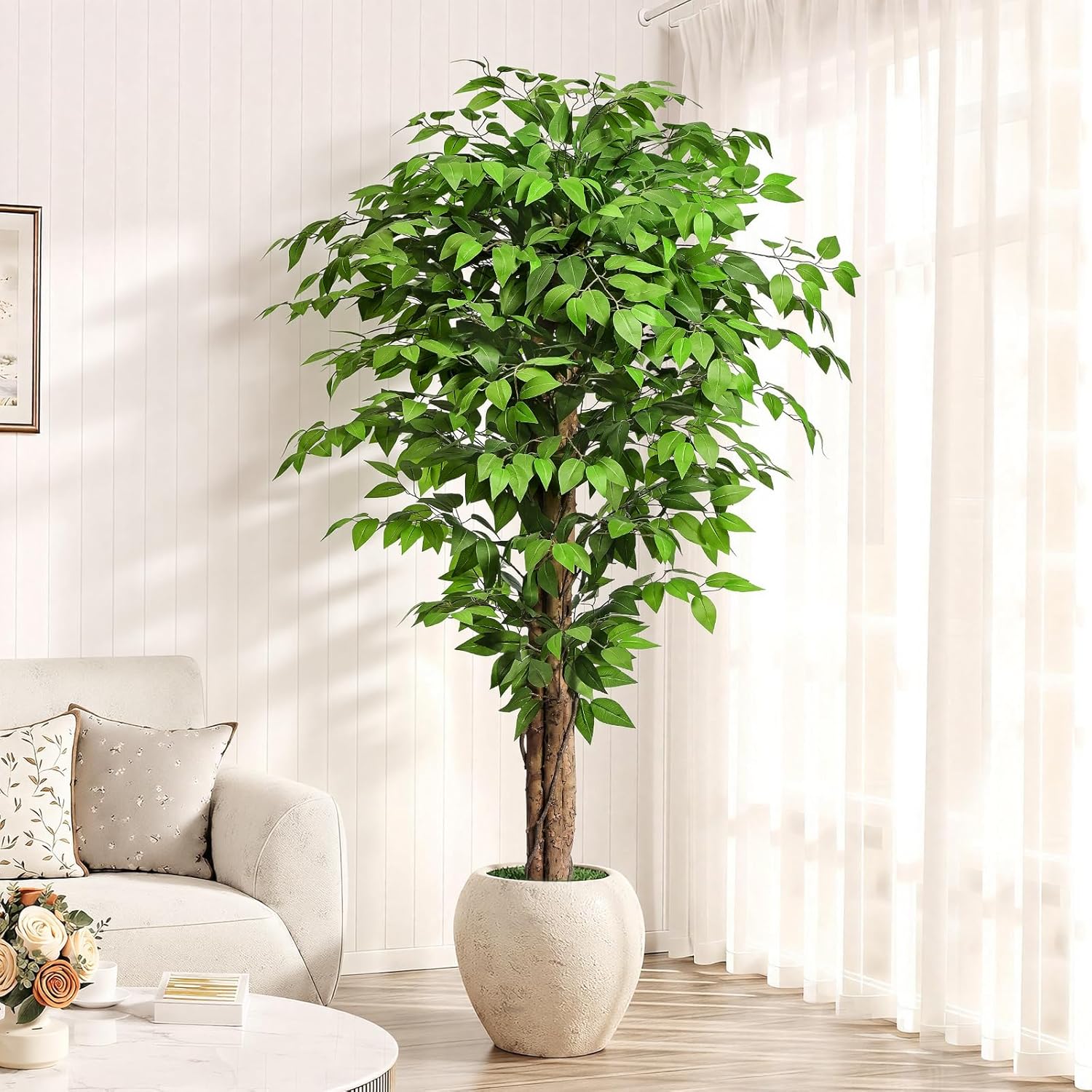 6.2ft Ficus Artificial Trees with 3 Natural Curved Trunks, 74" Tall Lush Faux Tree for Home Decor Indoor, Green Lifelike Fake Ficus Tree Artificial Plants