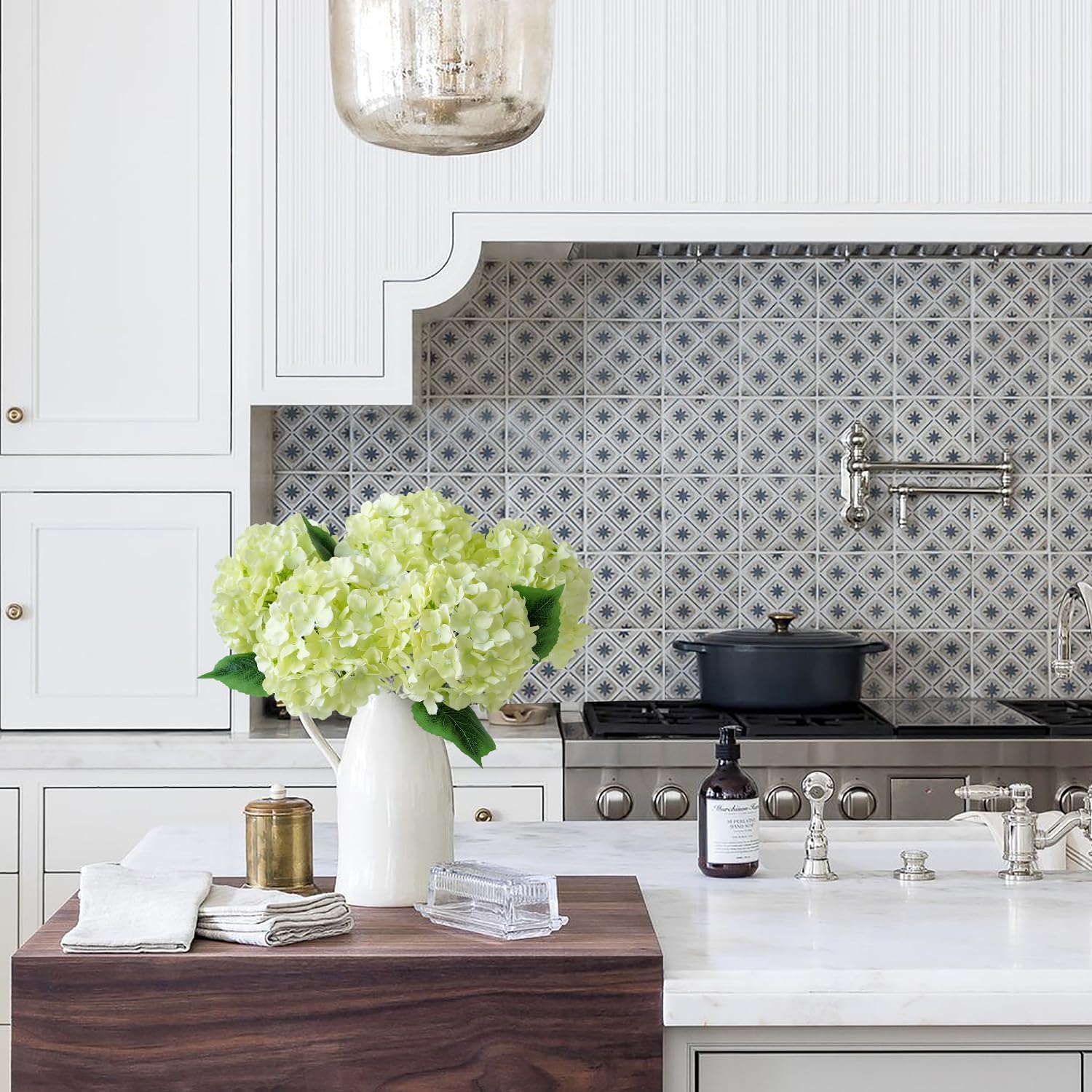 Green Hydrangea Artificial Flowers, 5Pcs 20Inch Large Lifelike Faux Silk Flowers, Full Artificial Hydrangeas for Bouquet Table Centerpieces Indoor Spring Outdoor Home