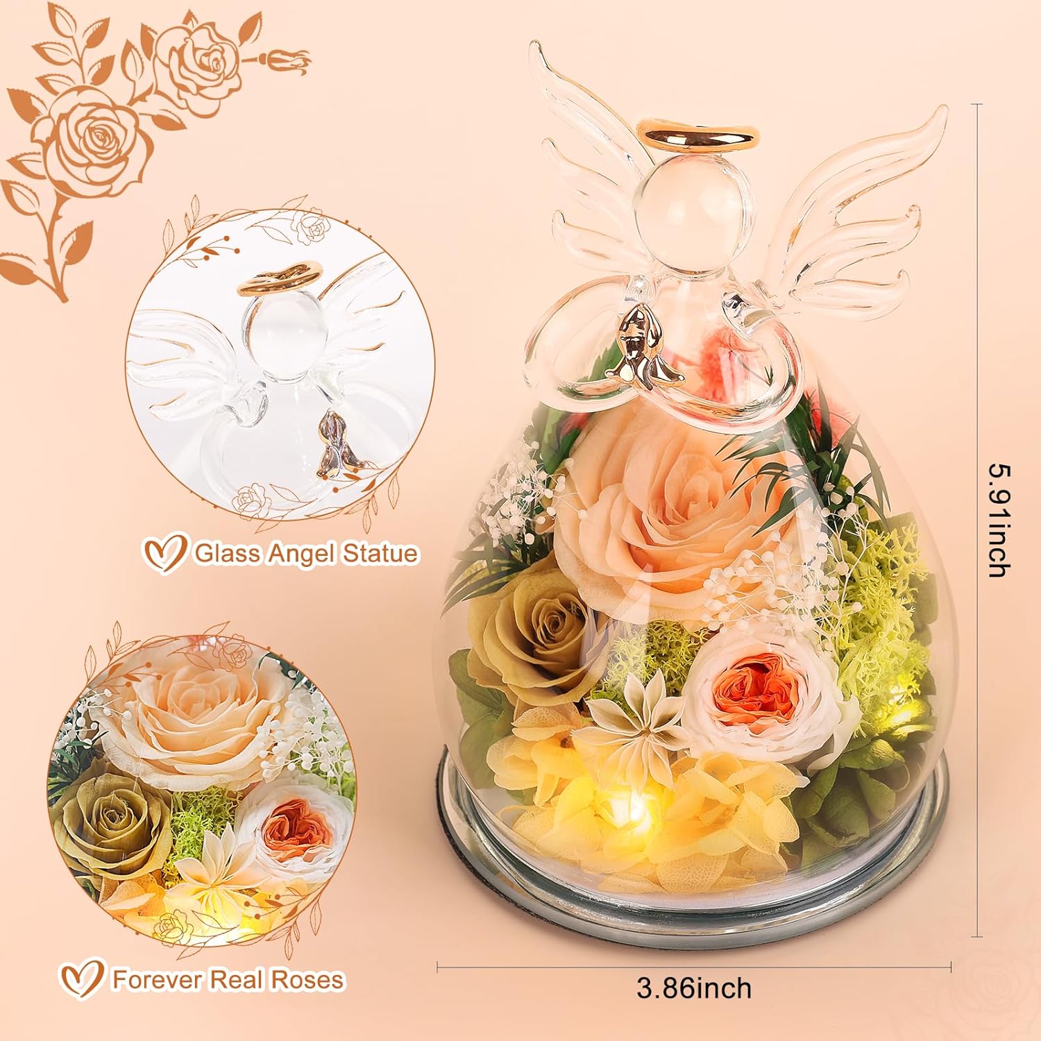 Gifts for Mom Birthday Gifts for Women Preserved Rose Forever Flower in Glass Angel Figurines Fresh Flowers for Delivery Anniversary Mothers Day Real Colorful Roses for Grandma Her Wife from Daughter