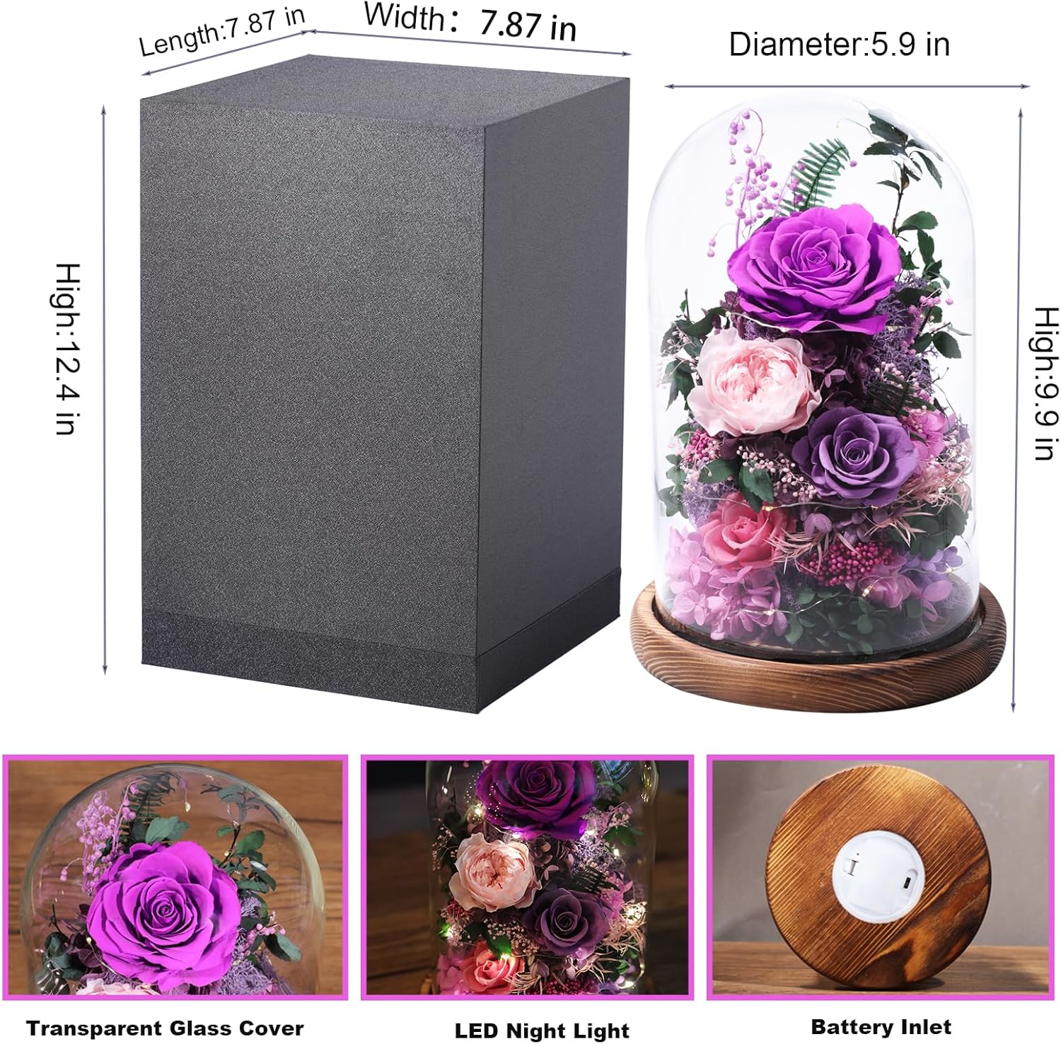 Flowers for Delivery Preserved Flowers Rose in Glass Dome,Purple Rose Forever Flowers Birthday Gifts for Women Mom Grandma Friend Gifts for Her,Home Decor