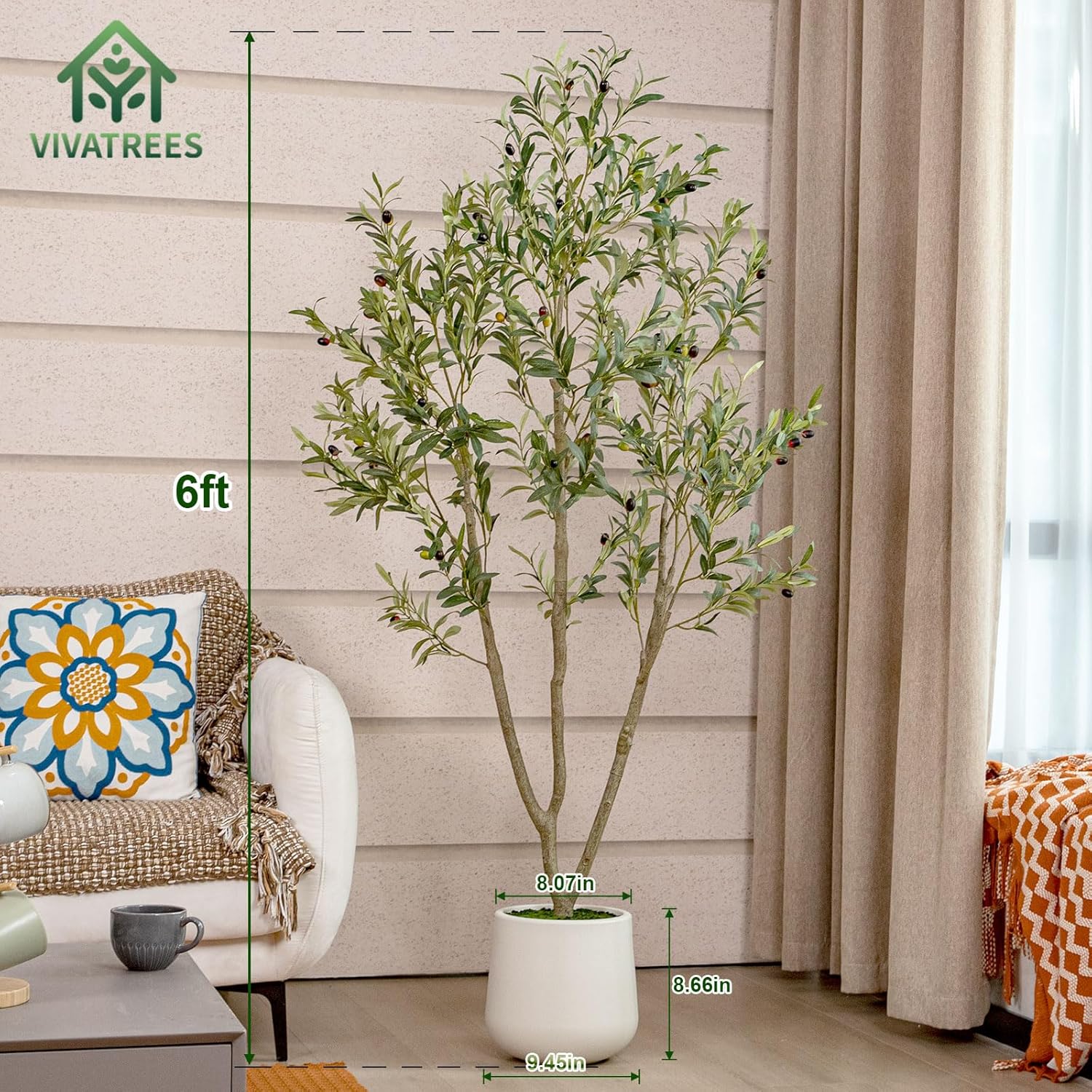 Olive Trees Artificial Indoor, 6FT Tall Faux Olive Tree with White Tall Planter, Artificial Plants with Natural Wood Trunk and Lifelike Fruits for Home Office Decor