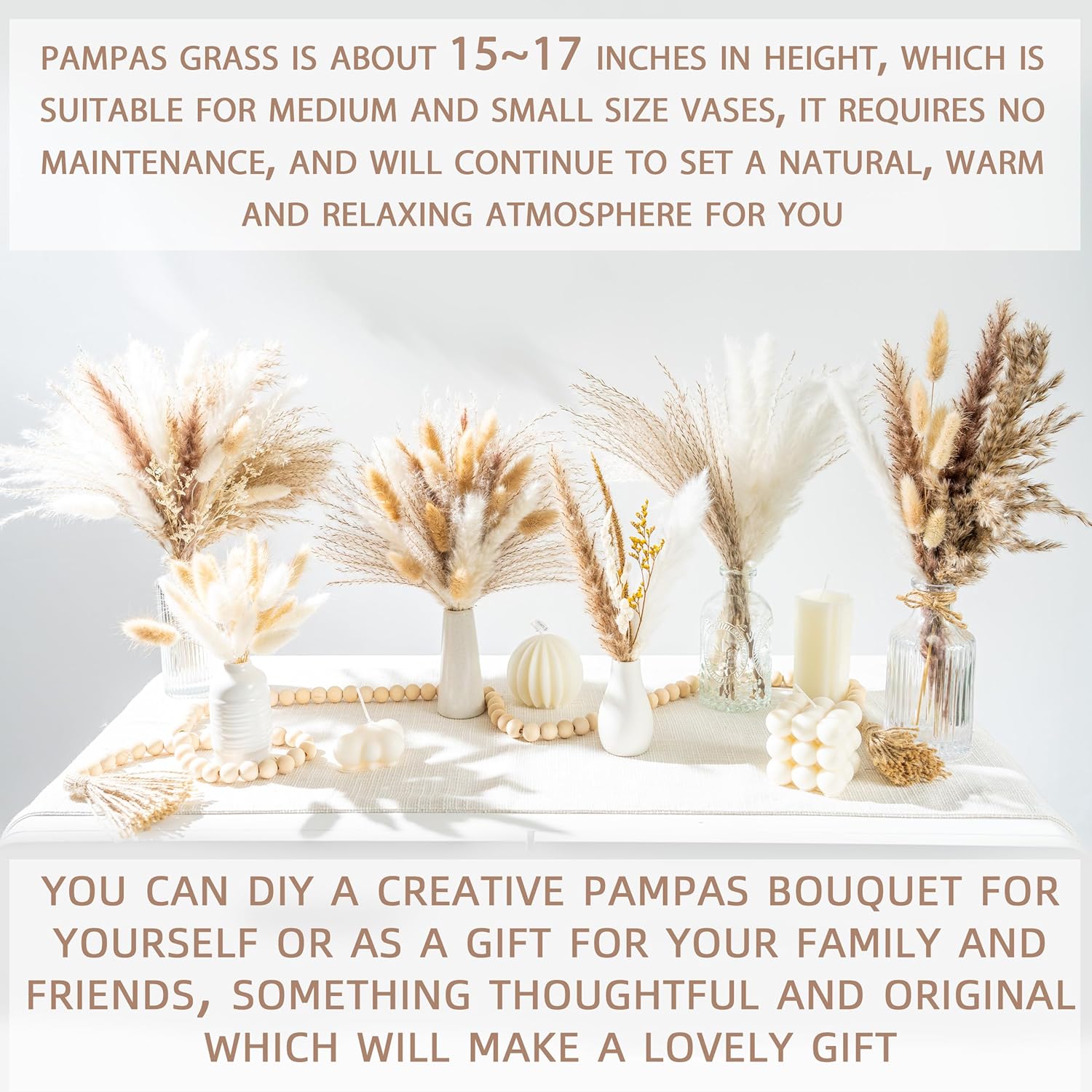 70PCS Natural Dried Pampas Grass Boho Home Decor Bouquet Phragmites Dried Flowers Bouquet for Wedding Floral Arrangements Home Decorations (70PCS)