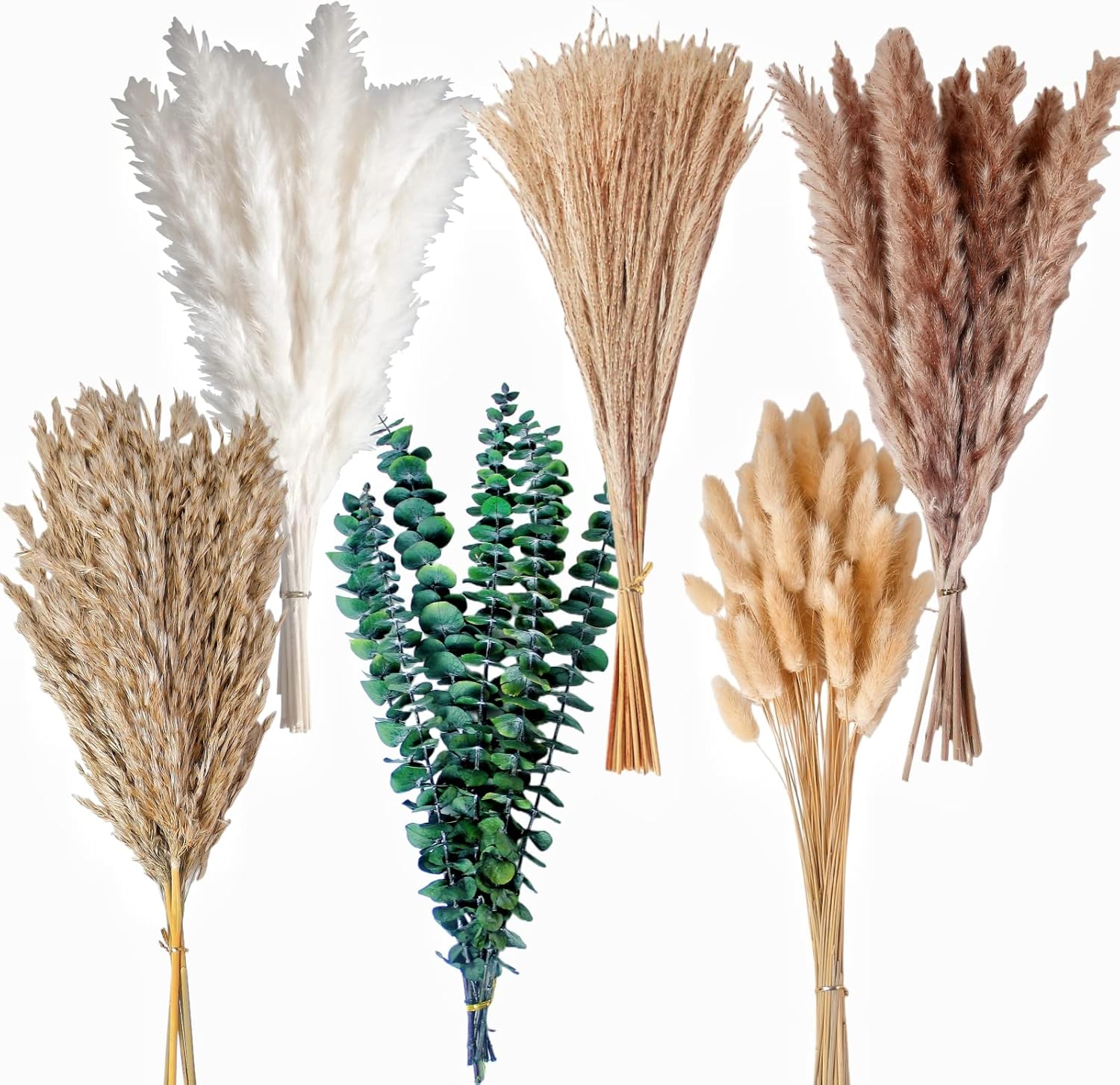 110 PCS of Boho Pampas Grass Decor, Naturally Dried Pompas, Bunny Tails Dried Flowers, and dried eucalyptus. Perfect for Weddings, Boho Party Decorations, and Table Decor.