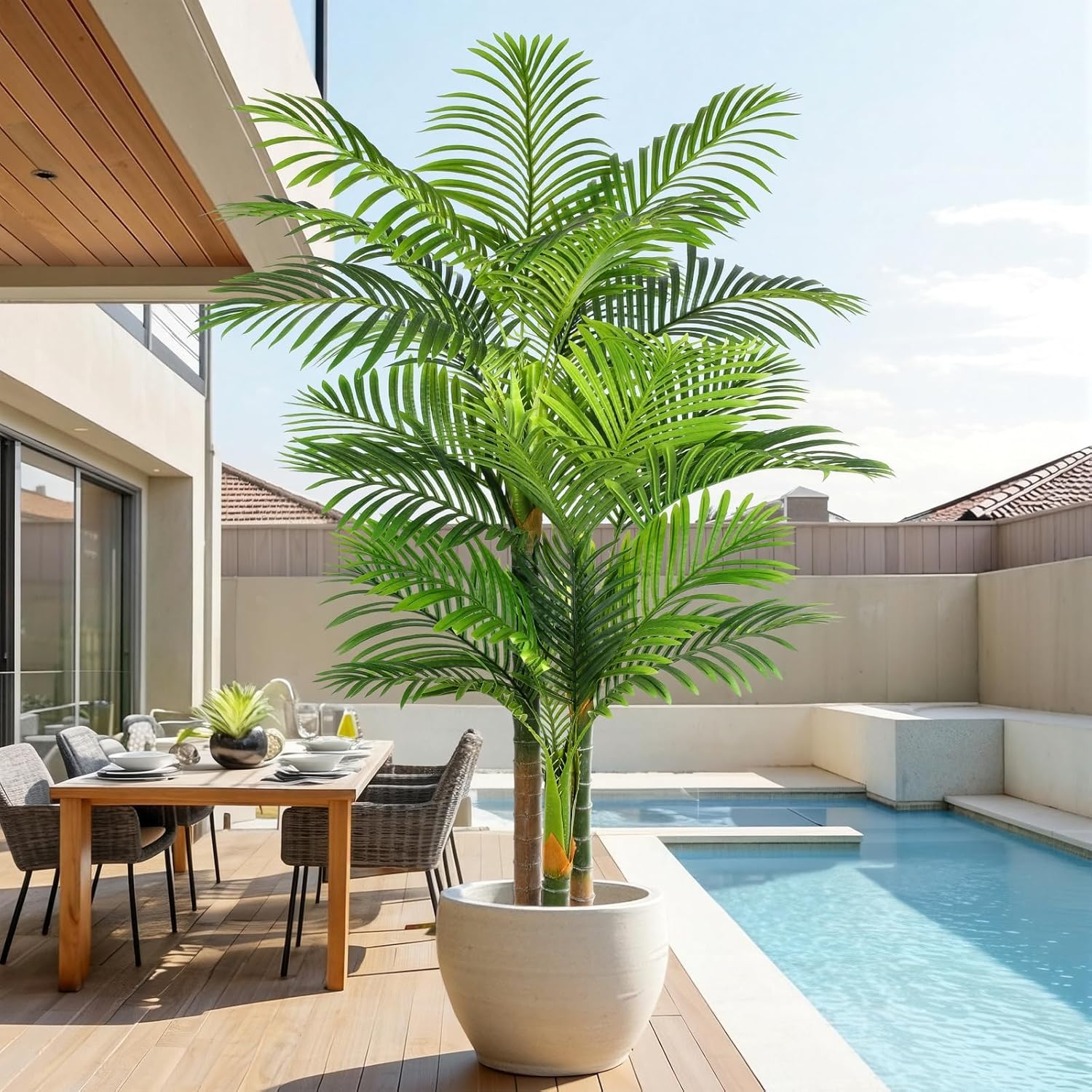 6ft Tall Triple Golden Cane Palm Artificial Tree Large Tropical Palm Tree UV Resistant Fake Plant in Pot for Indoor Outdoor Big House Living Room Outside Patio Office Home Decor 1Pack