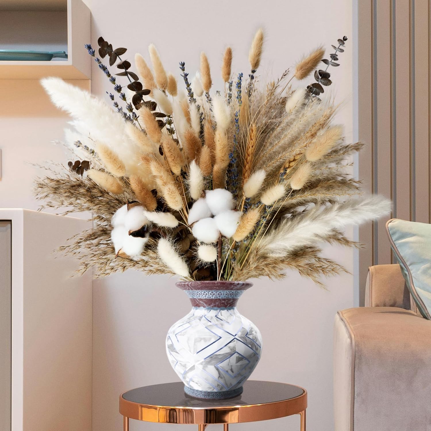Natural Dried Flower Bouquet - Pampas Grass, Cotton Stems, Bunny Tails, Eucalyptus, Lavender & Wheat - Rustic Boho Decor for Home, Fall Decorations for Home, Wedding, or Gift