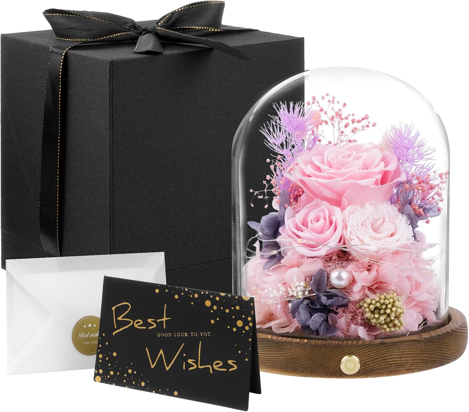 Large Preserved Flowers with Card&Box-Flowers for Delivery Prime,Eternal Rose with Lights,Roses in Glass Dome,Romantic Gift for Her,Decoration,Fresh Rose Flowers for Mom, Birthday, Anniversary (Pink)
