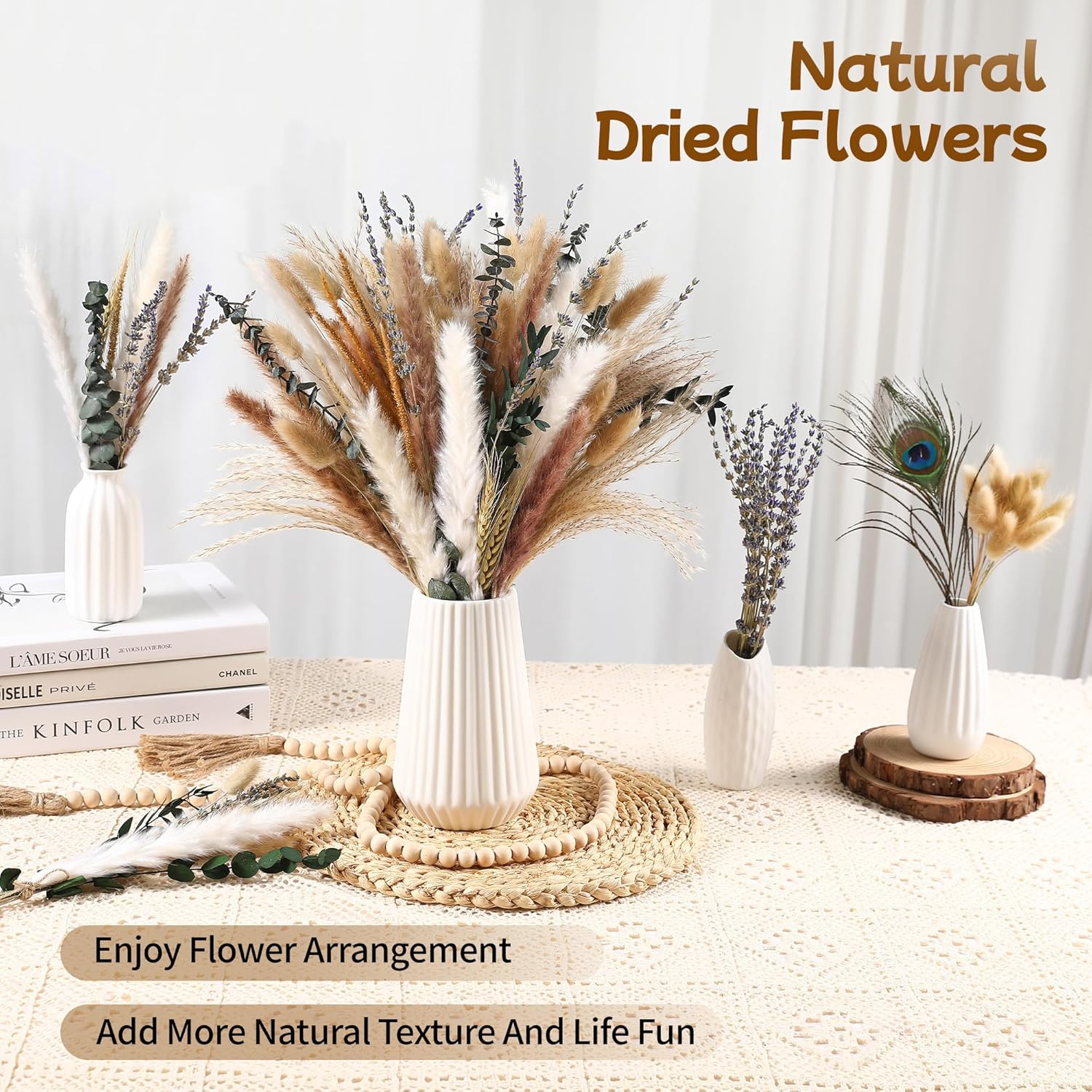 Bpole Dried Pampas Grass Bouquet - 92 Pcs 11-13 inch Pampas Grass Decor with Bunny Tails,Eucalyptus & Lavender Dried Boho Flowers for Vase Wedding Home Table Decor,Rustic Farmhouse Party