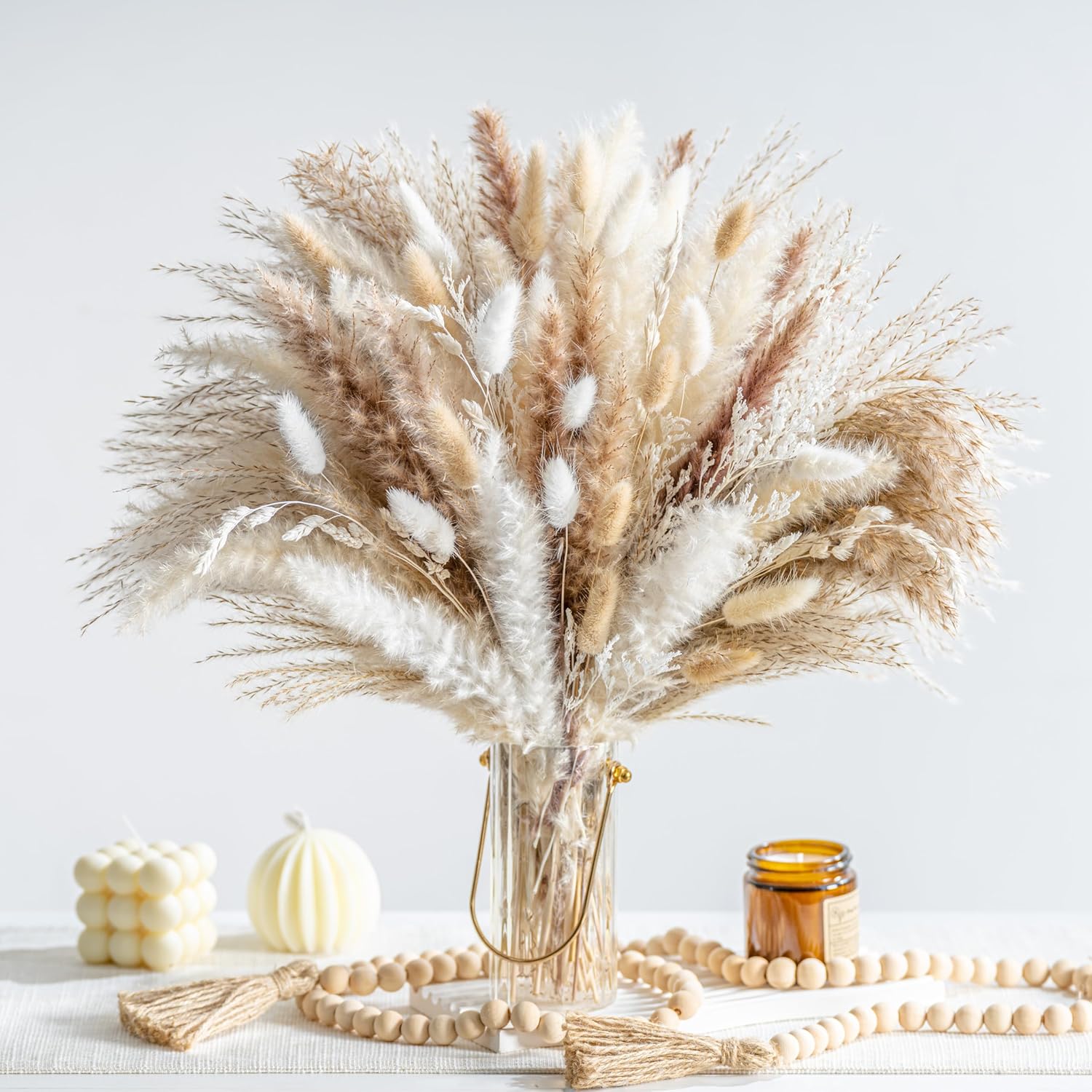 70PCS Natural Dried Pampas Grass Boho Home Decor Bouquet Phragmites Dried Flowers Bouquet for Wedding Floral Arrangements Home Decorations (70PCS)