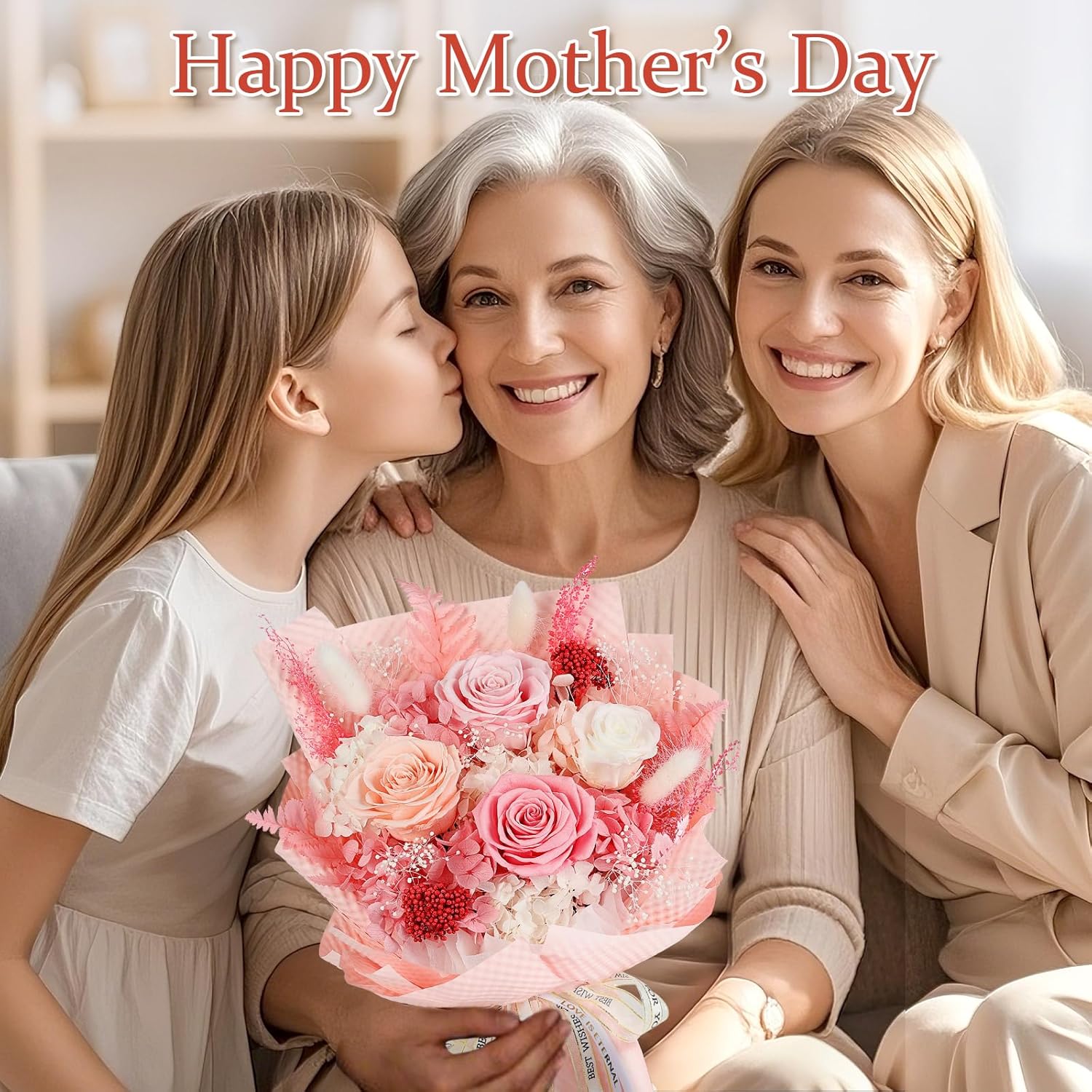 Preserved Flowers Bouquet 4 Roses - Pink Roses & Flowers for Delivery, Long-Lasting Real Roses Forever, Anniversary Birthday Valentine Gifts for Women Mom Grandma Her Wife Girlfriend