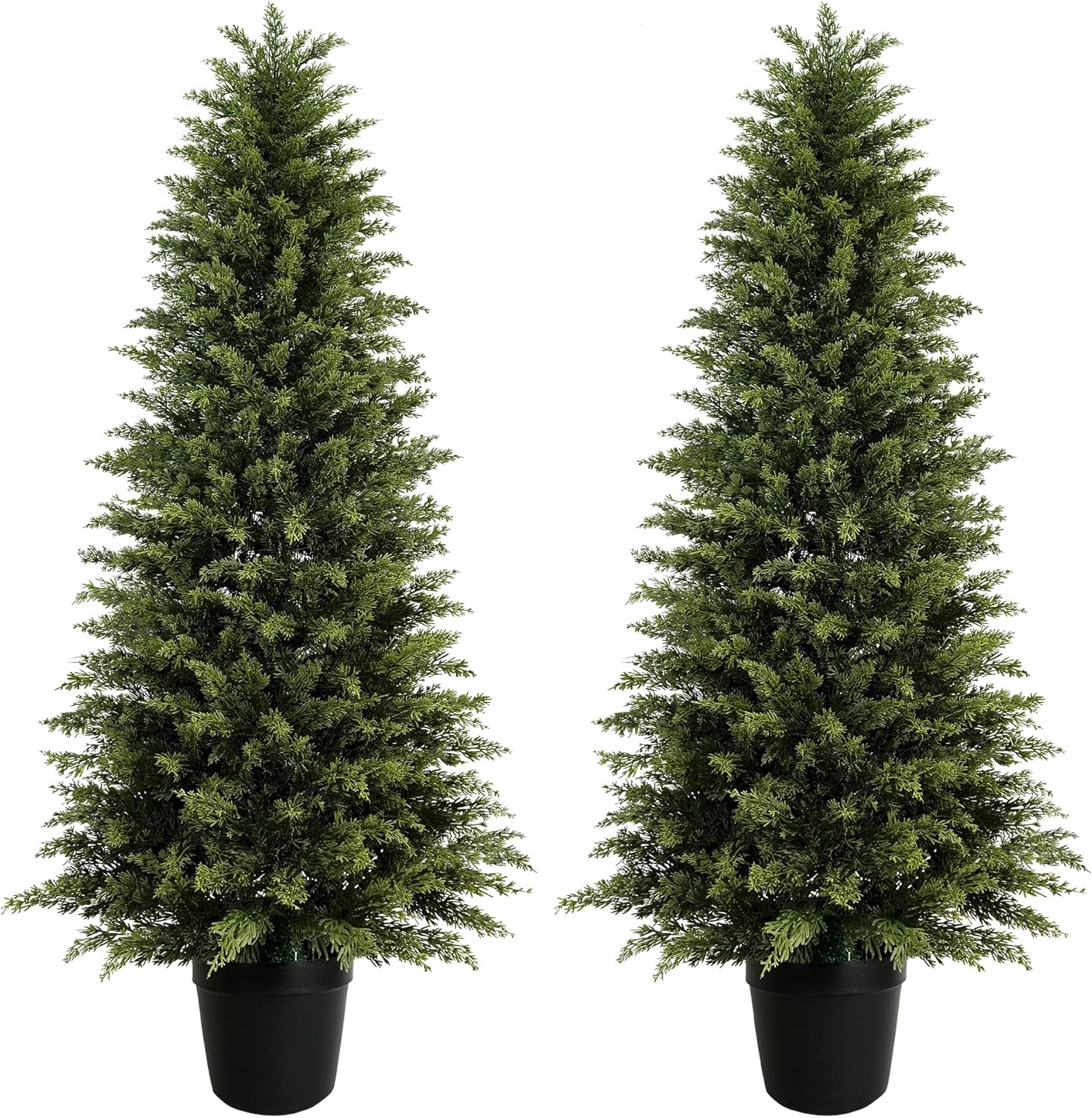 2 Pack 5ft Artificial Cedar Trees for Outdoors (UV Resistant), Potted Faux Cedar Topiary Plants for Front Porch, Realistic Evergreen Shrub for Entryway & Patio Decor